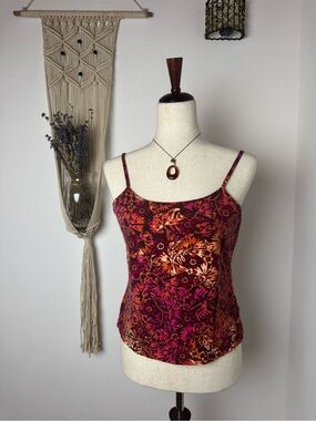Floral Spaghetti Strap Tank Top - Burgundy Orange Pink